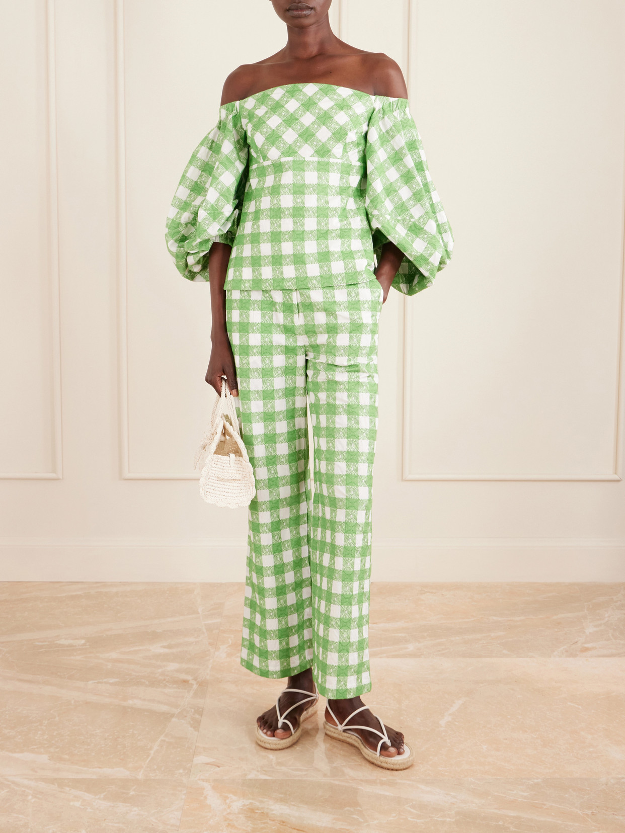 Empire Balloon Off-The-Shoulder Checked Cotton Blouse