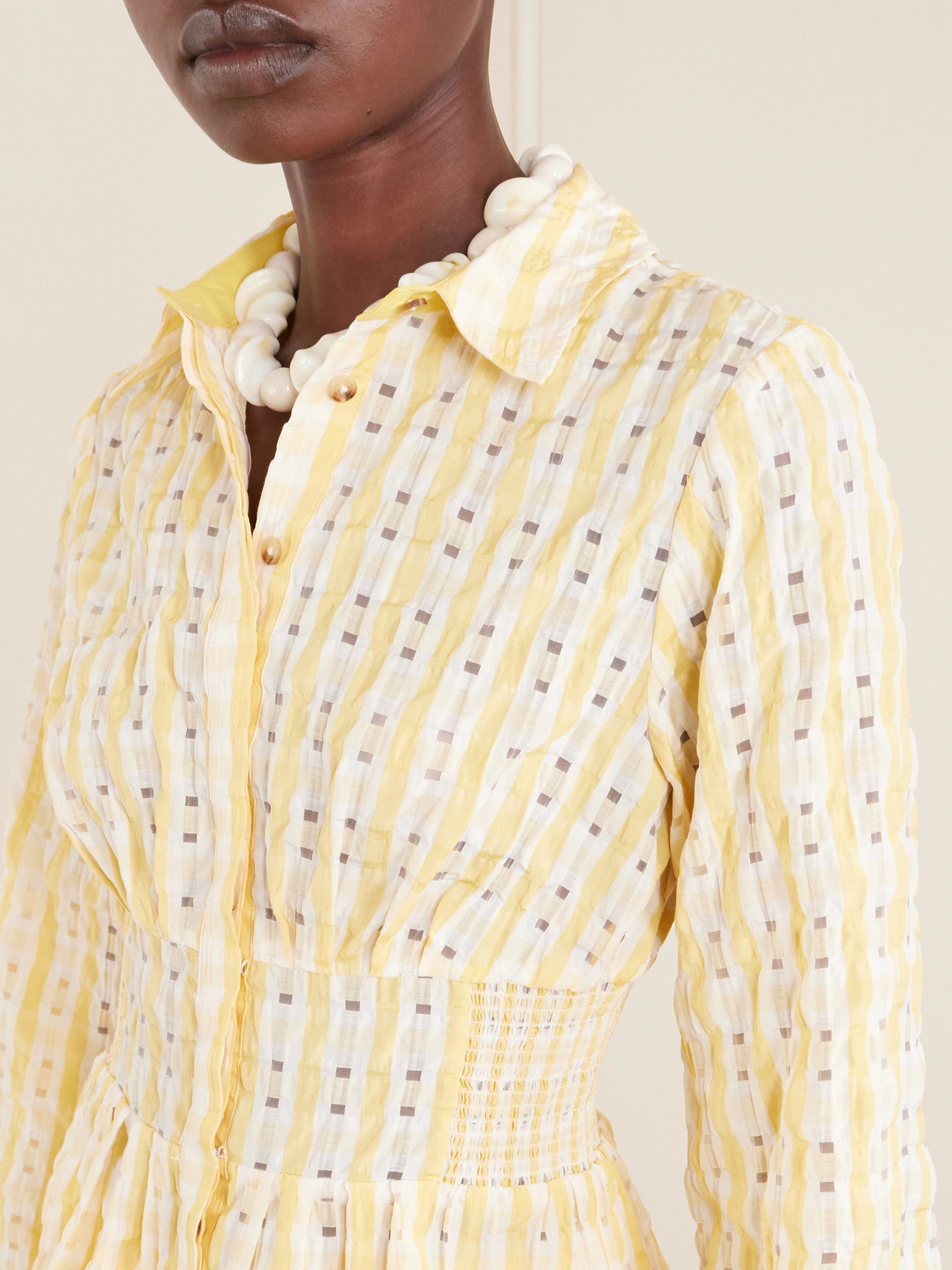 Boogie Woogie Bugle Boy Shirred Checked Seersucker Blouse