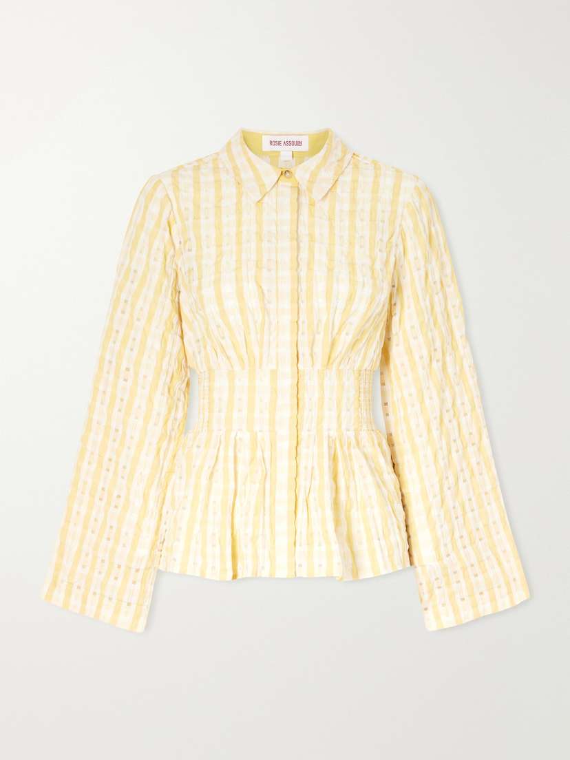 Rosie Assoulin Boogie Woogie Bugle Boy Shirred Checked Seersucker Blouse