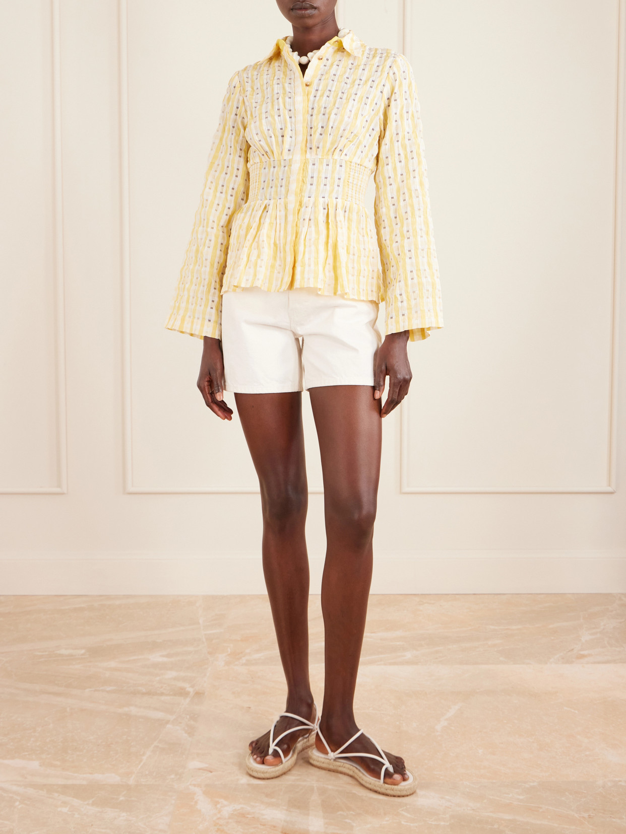 Boogie Woogie Bugle Boy Shirred Checked Seersucker Blouse