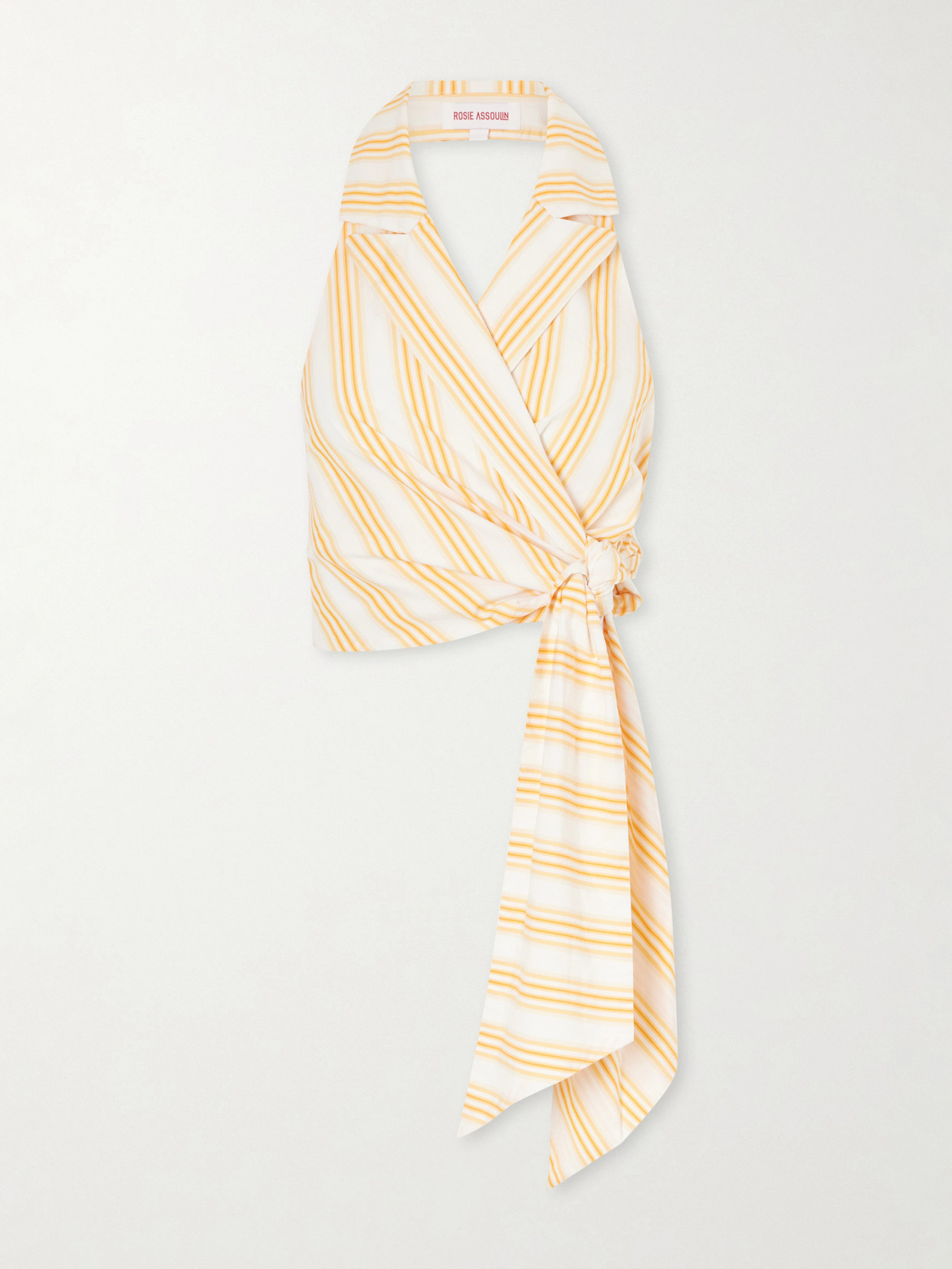 Rosie Assoulin Wrapped Up Tie-detailed Striped Cotton Halterneck Blouse In Orange