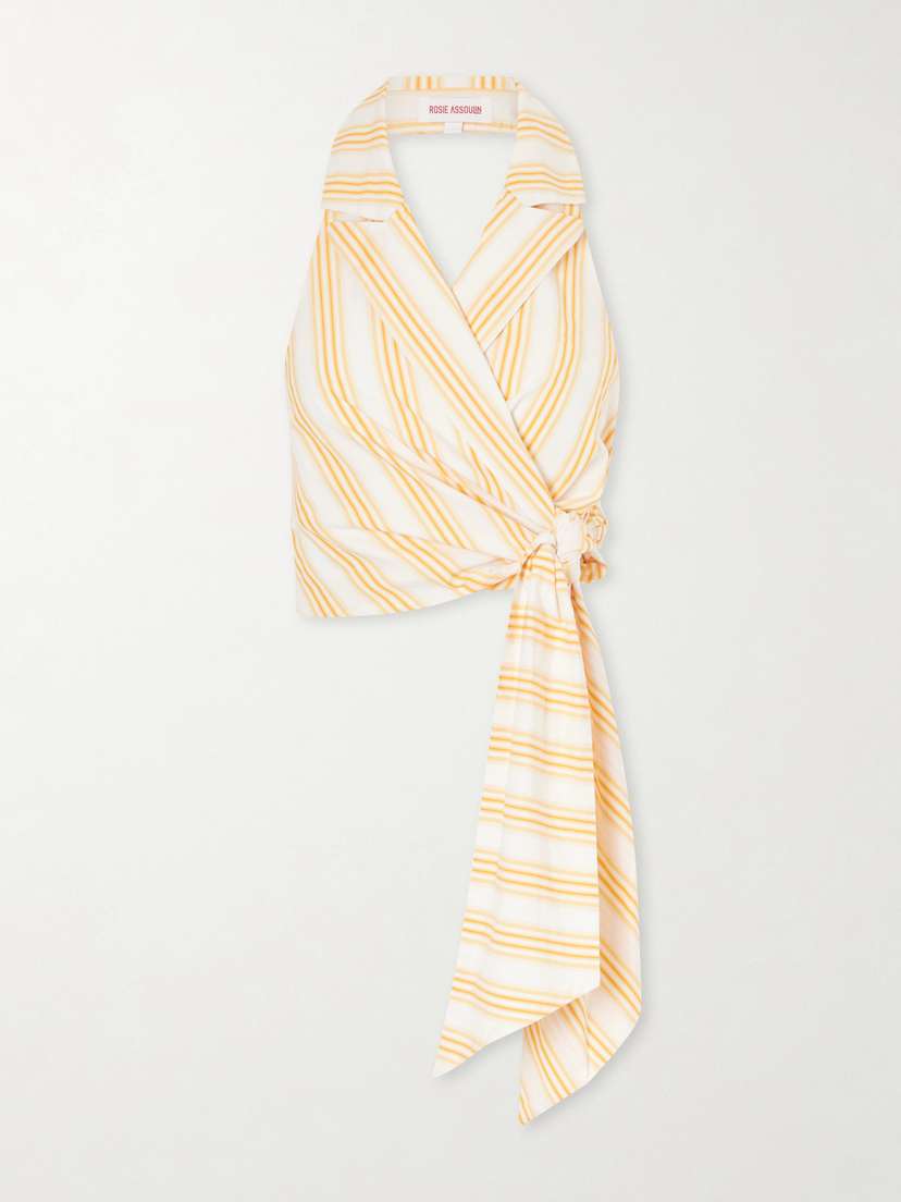 Rosie Assoulin Wrapped Up Tie-detailed Striped Cotton Halterneck Blouse