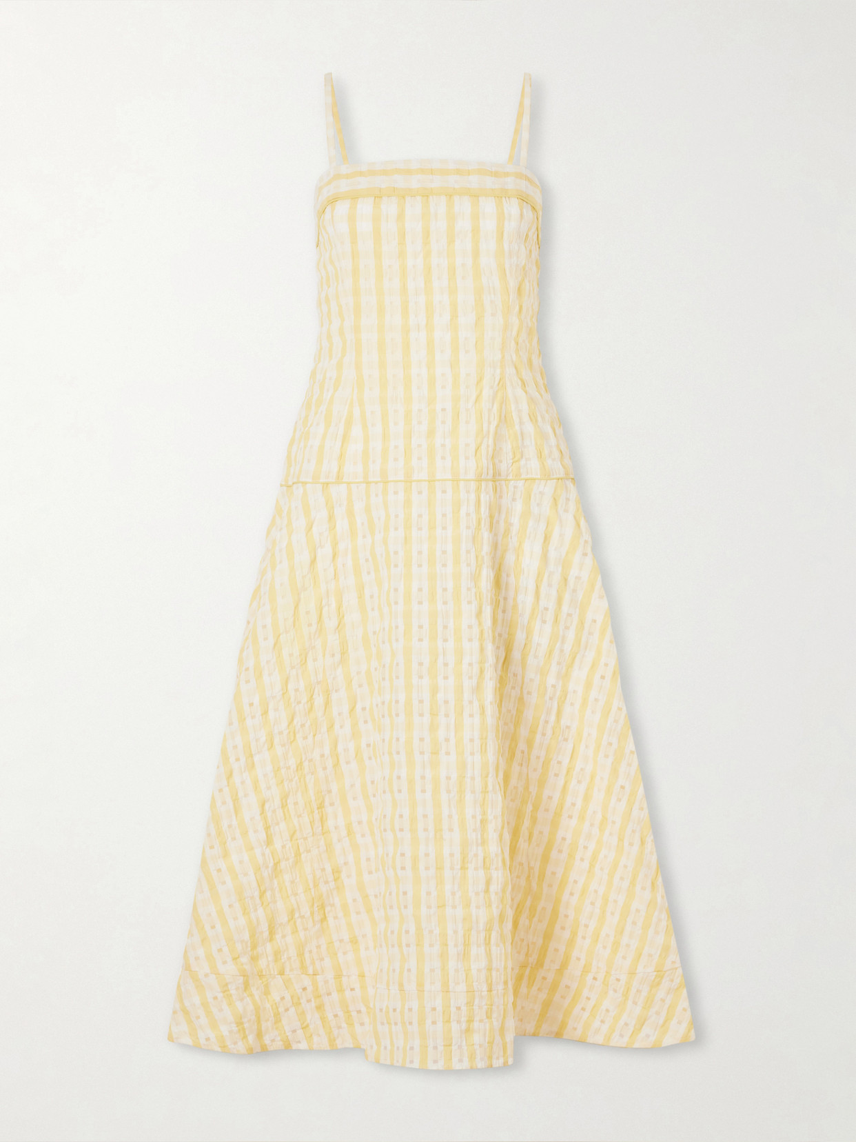 Rosie Assoulin Drop Me A Note Striped Seersucker Midi Dress In Yellow