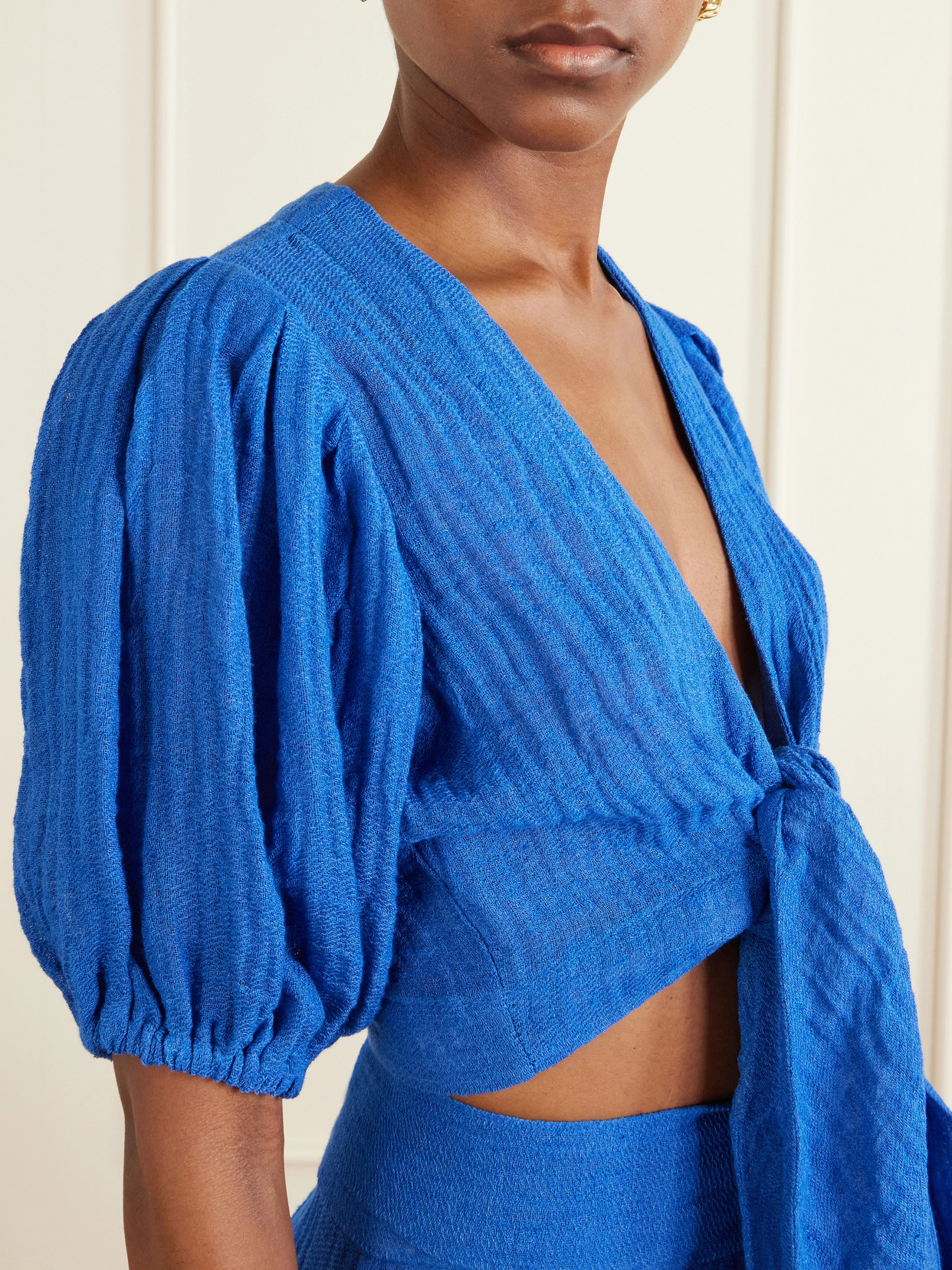 Pouf Tie-Detailed Linen-Blend Blouse