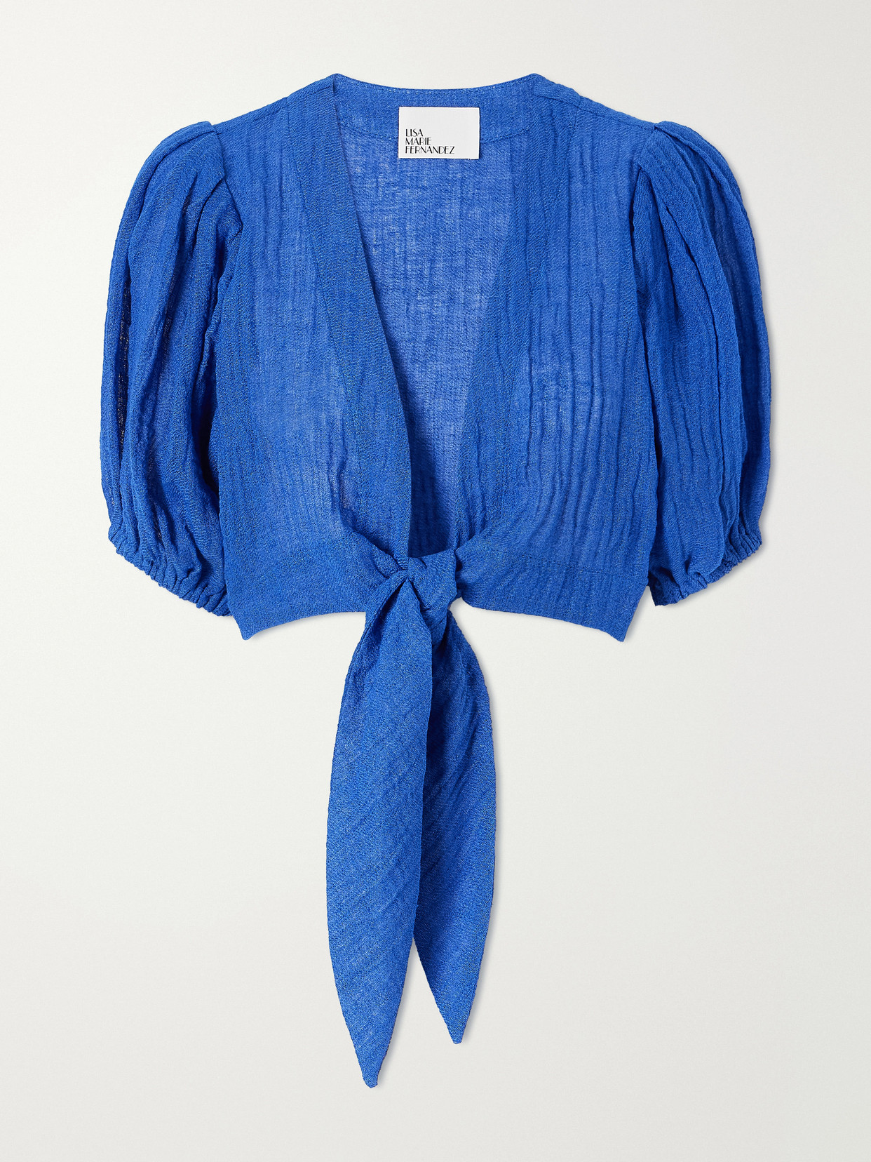 Lisa Marie Fernandez Pouf Tie-detailed Linen-blend Blouse In Blue