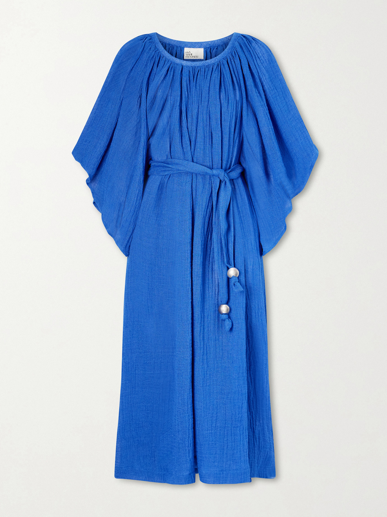 Lisa Marie Fernandez Embellished Belted Crinkled Linen-blend Gauze Midi Dress In Blue