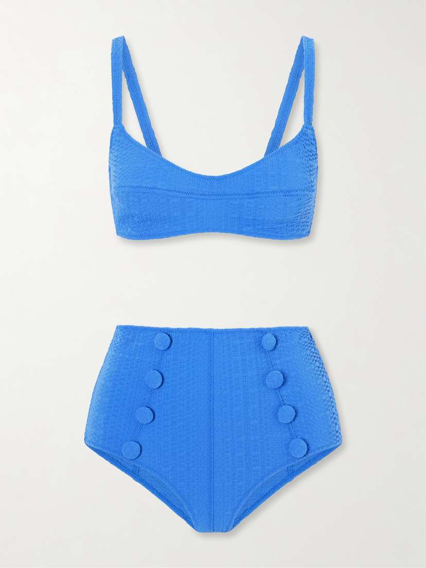 Lisa Marie Fernandez Button-embellished Seersucker Balconette Bikini