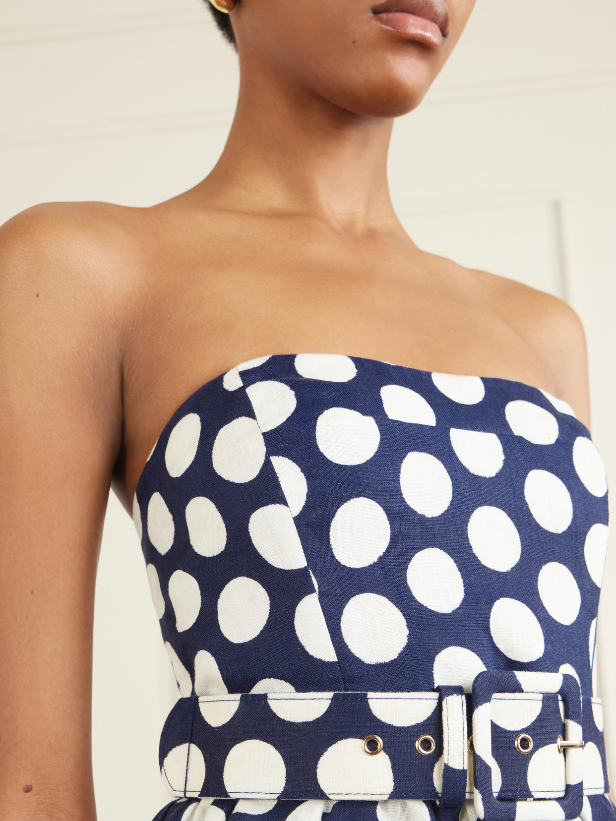 Tilda Strapless Belted Peplum Polka Dot Top