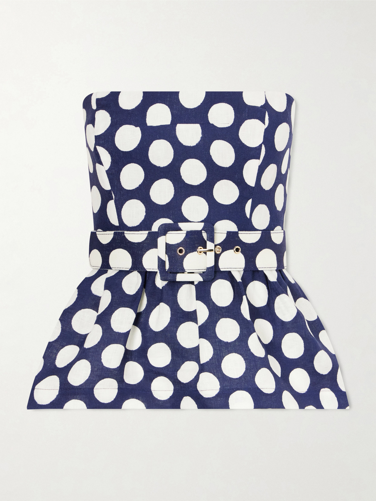 Cara Cara Tilda Strapless Belted Peplum Polka Dot Linen Top In Multi