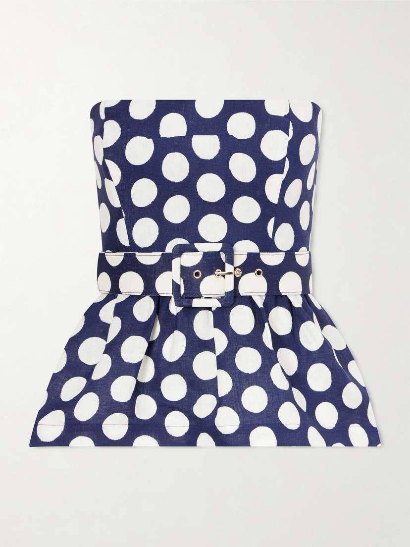 Cara Cara Tilda Strapless Belted Peplum Polka Dot Linen Top
