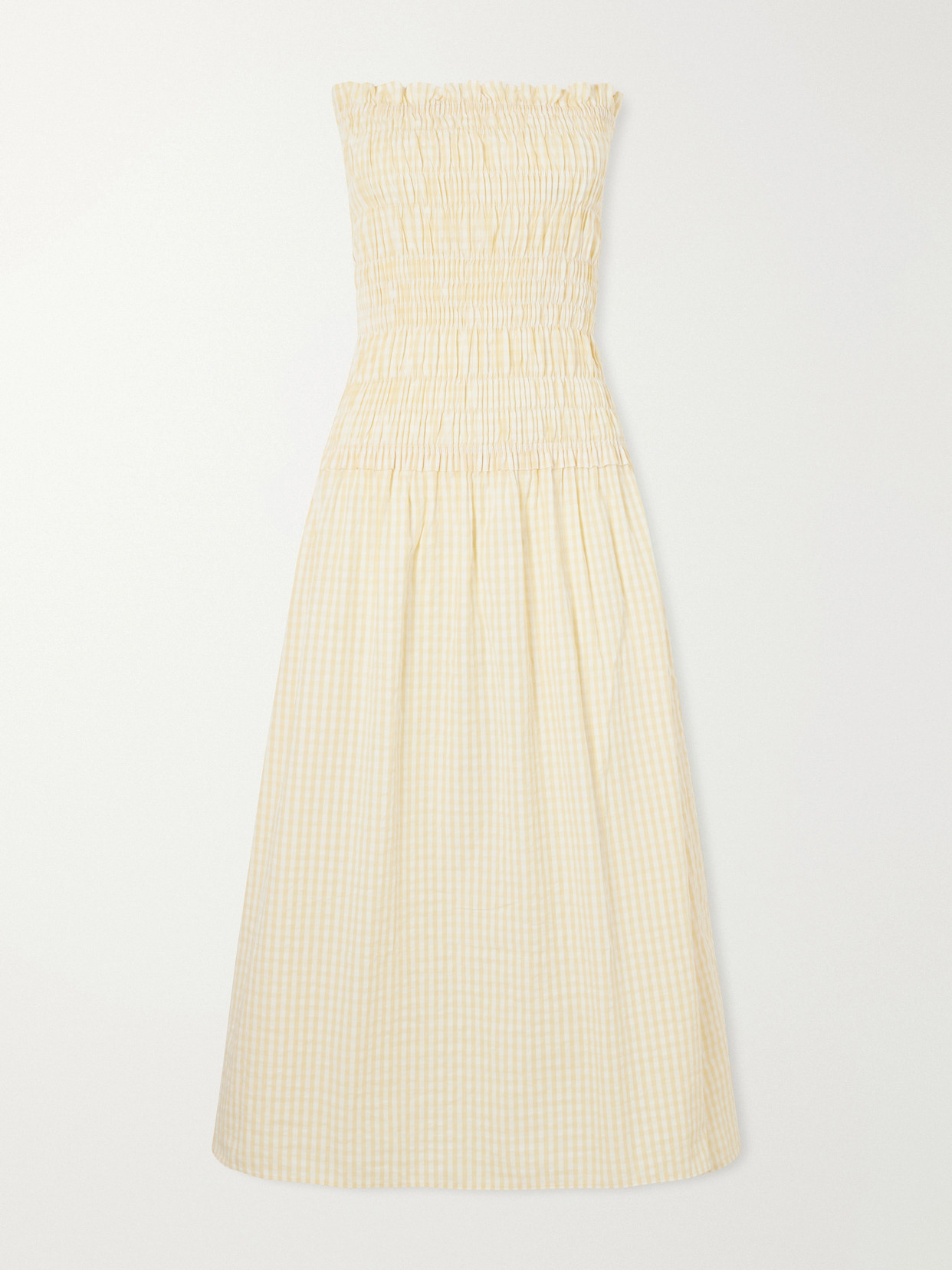 Faithfull Amalita Shirred Gingham Cotton Midi Dress In Gold