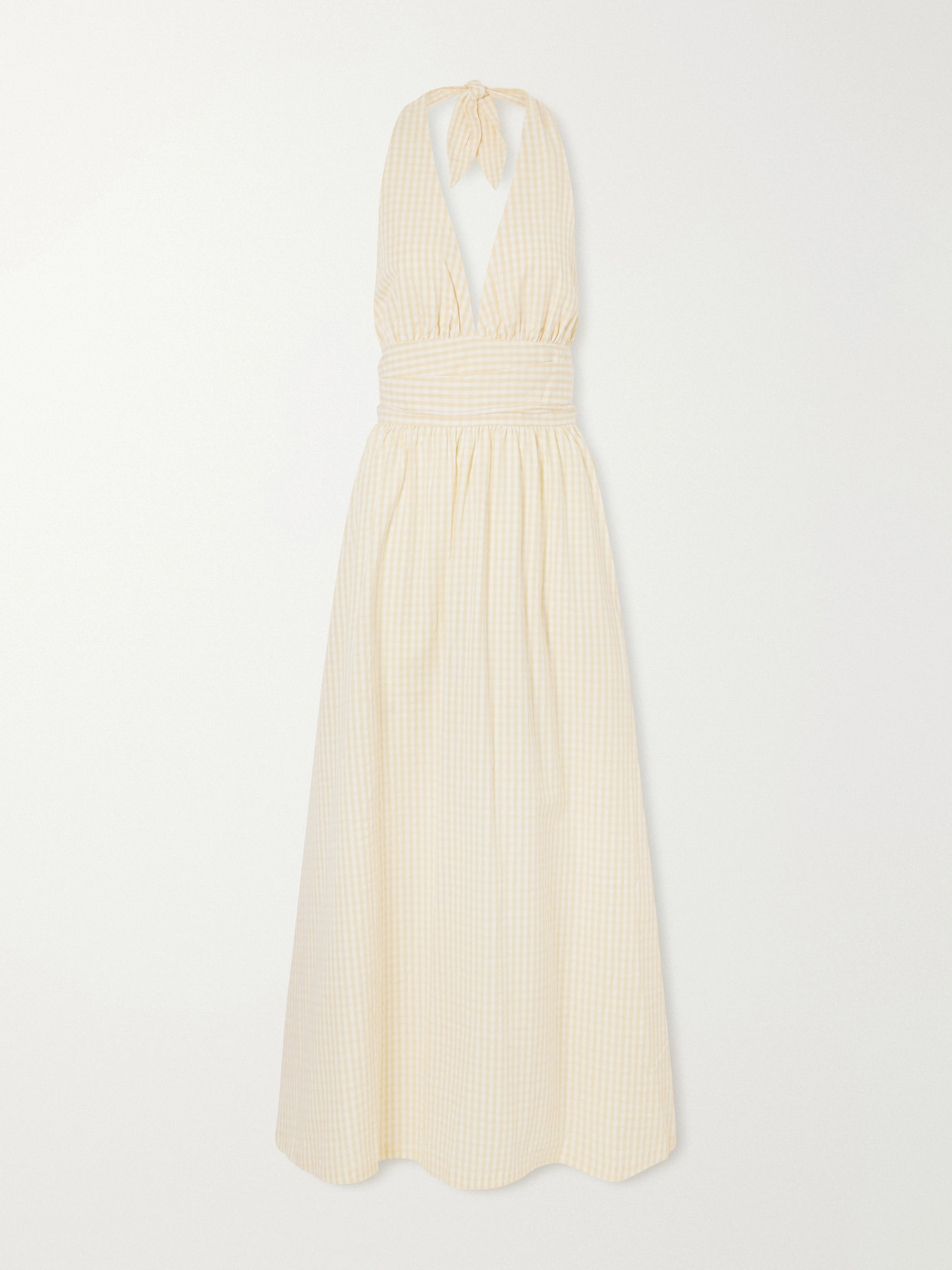 Faithfull Lido Gathered Checked Cotton Halterneck Maxi Dress In Gold