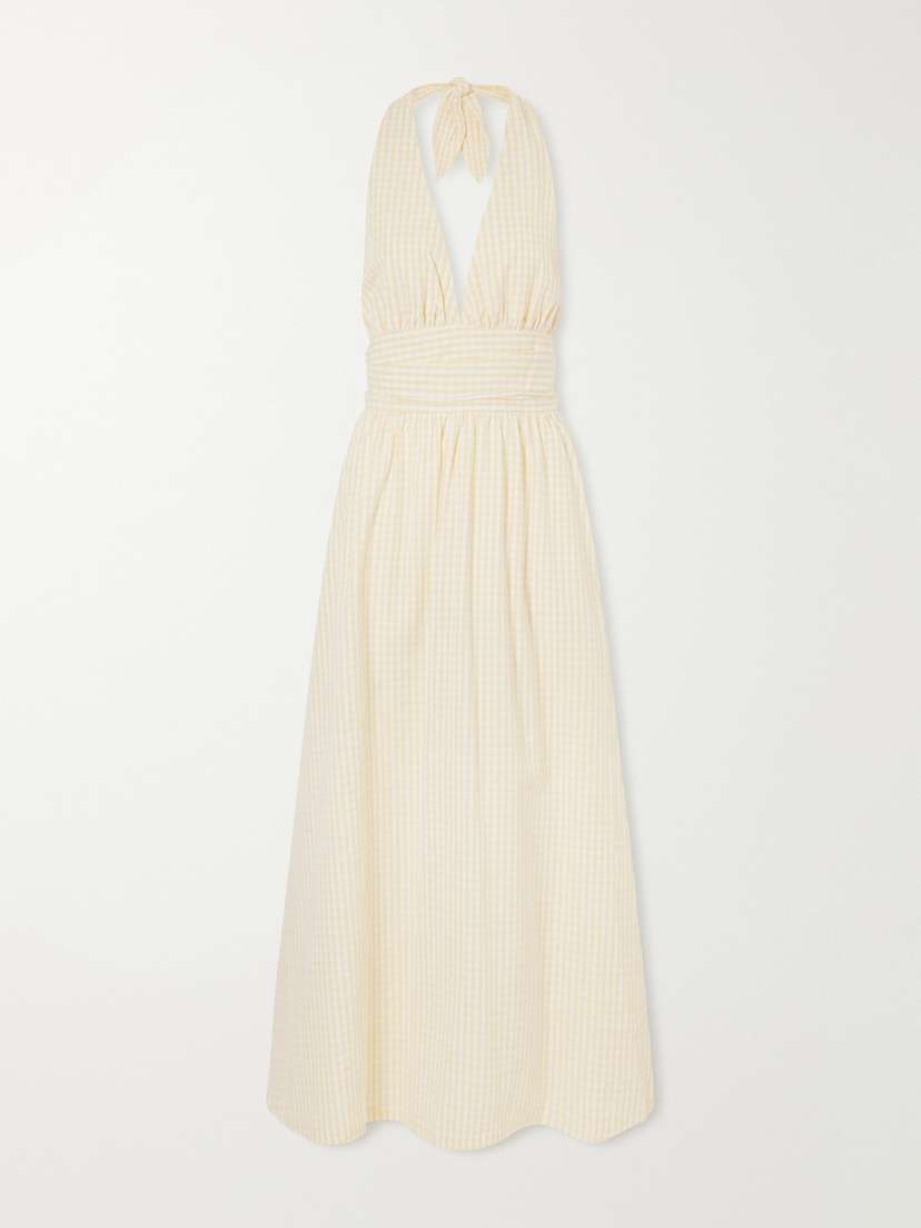 Faithfull Lido Gathered Checked Cotton Halterneck Maxi Dress