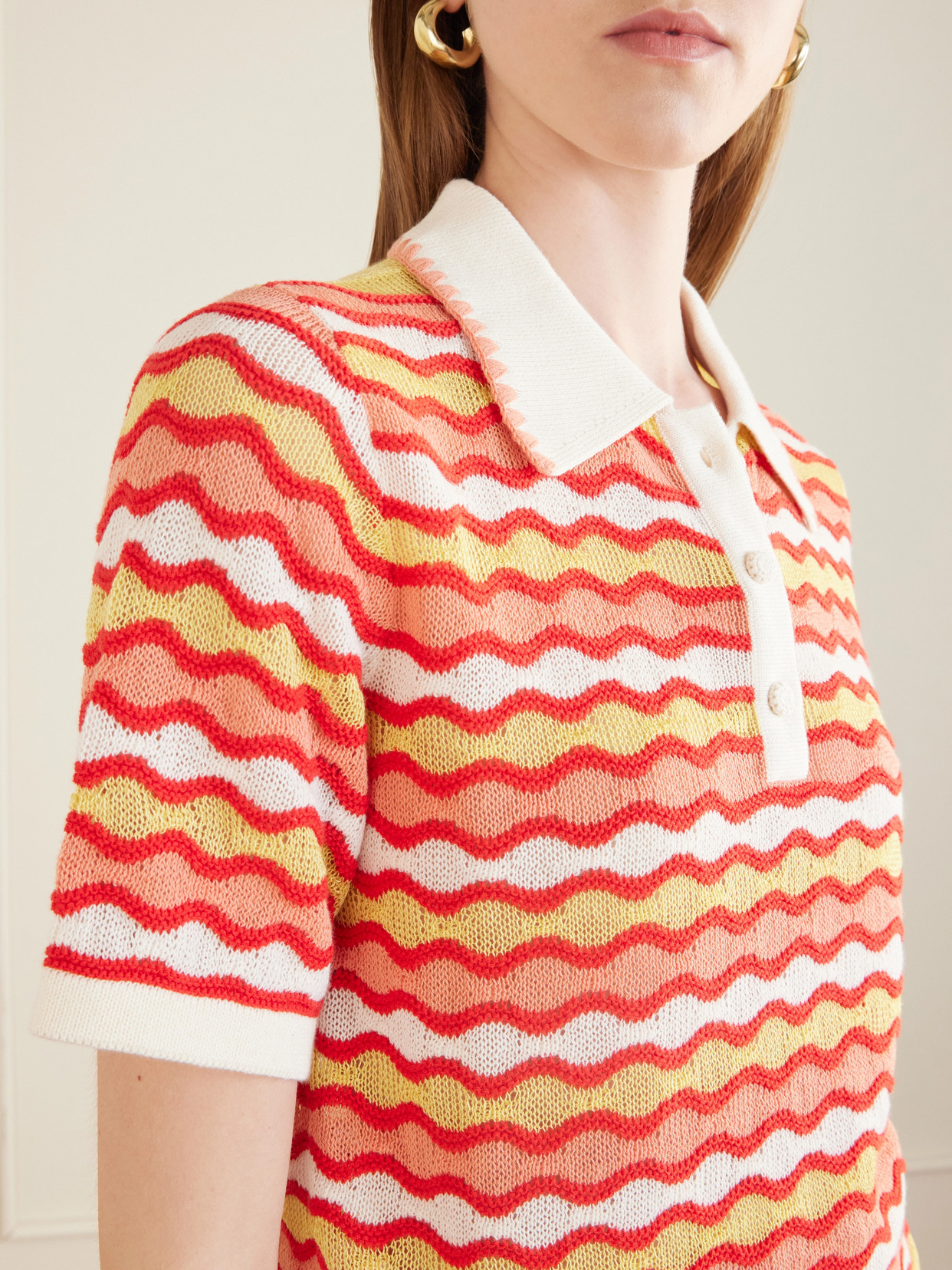 Mullu Striped Crocheted Cotton Polo