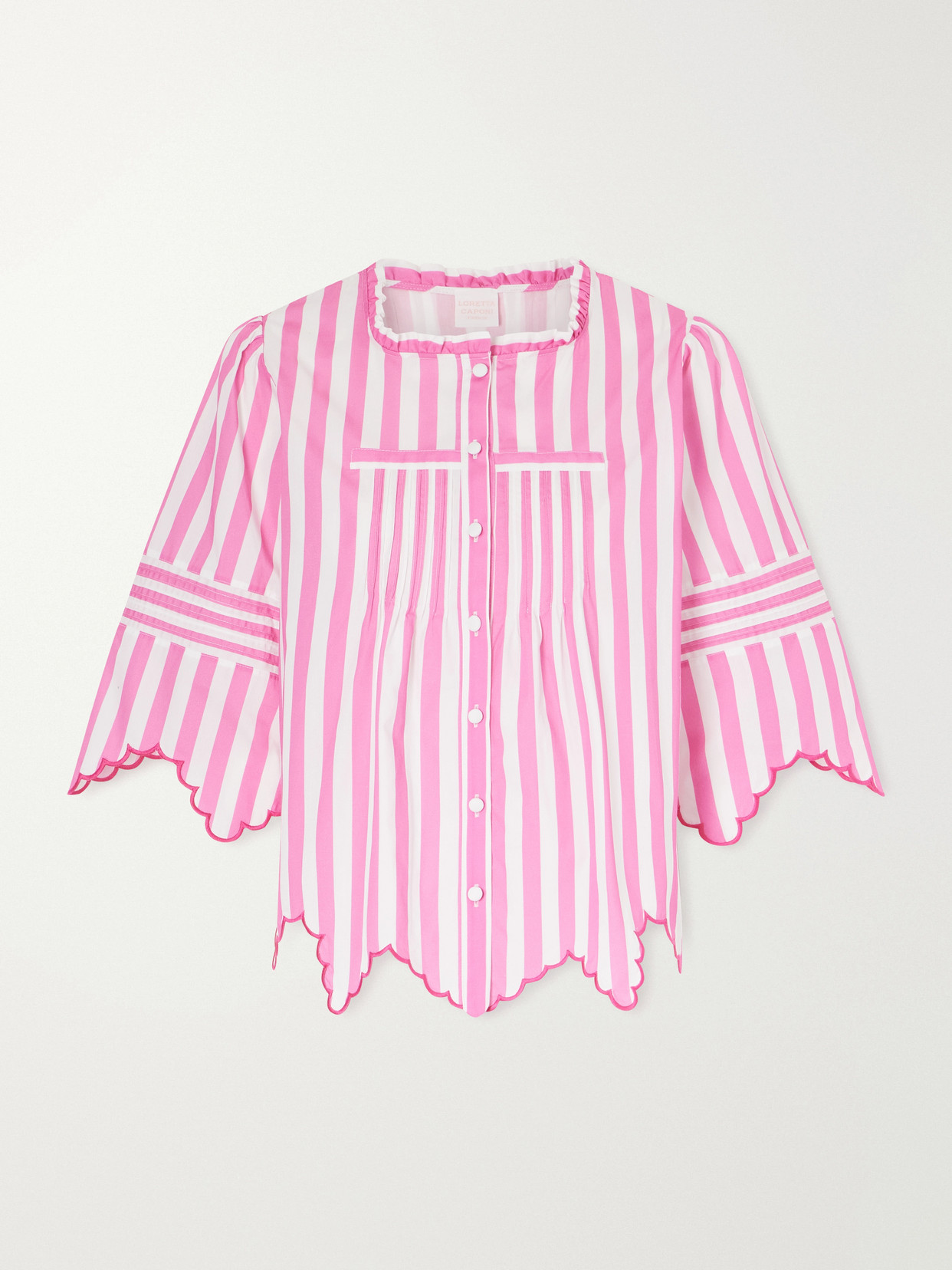 Loretta Caponi Matilde Scalloped Shirred Striped Cotton Shirt In Pink