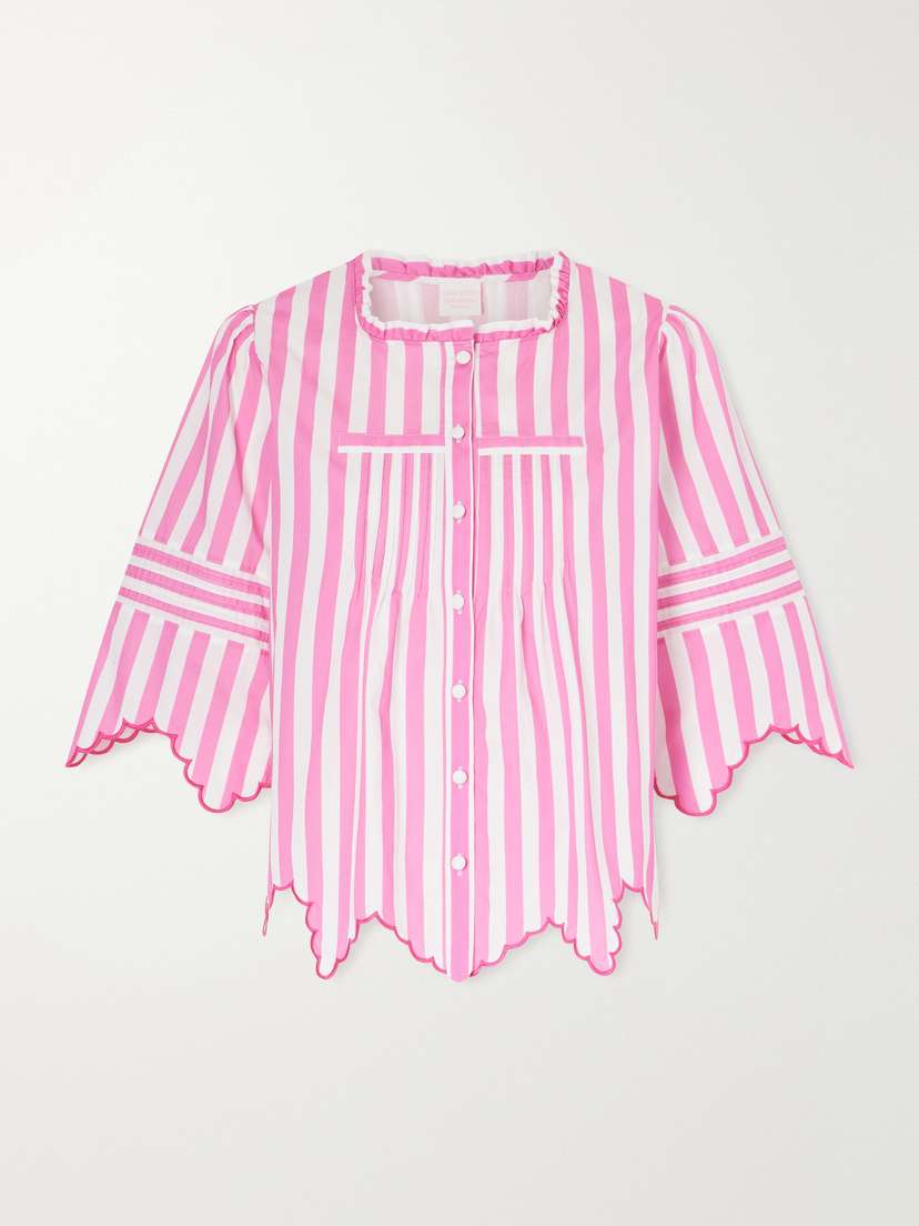 Loretta Caponi Matilde Scalloped Shirred Striped Cotton Shirt