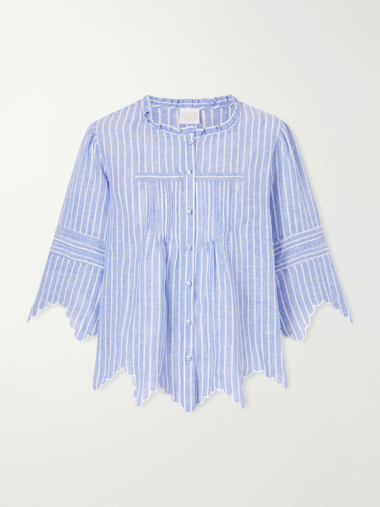 Loretta Caponi Matilde Scalloped Striped Linen Shirt In Blue