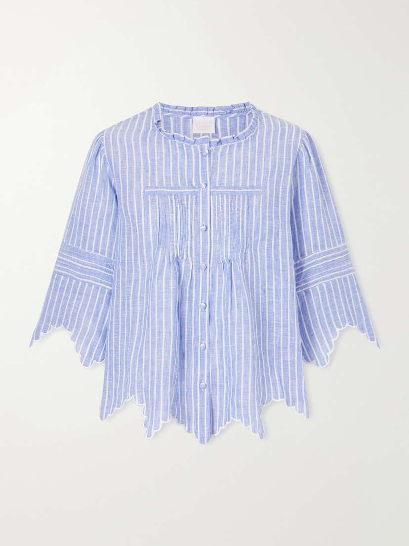 Loretta Caponi Matilde Scalloped Shirred Striped Linen Shirt