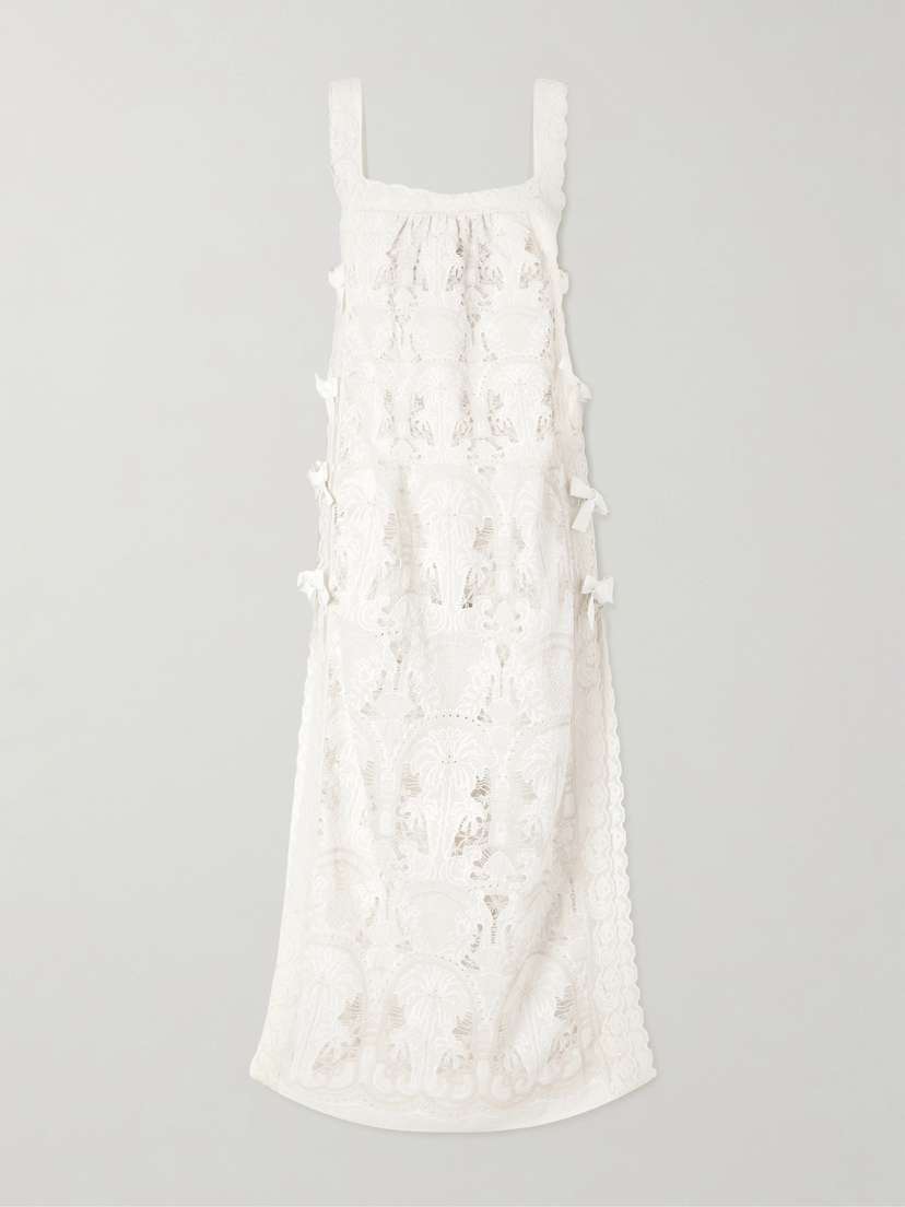 Loretta Caponi Fiocchini Lace-trimmed Broderie Anglaise Cotton-blend Maxi Dress