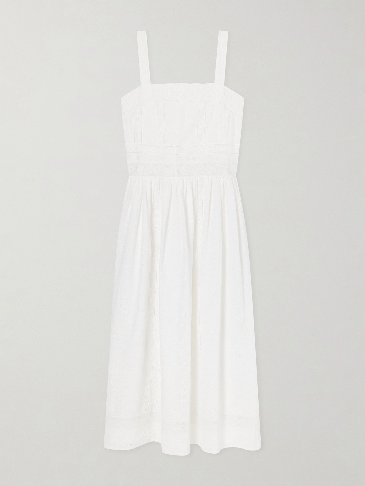 Loretta Caponi Antigua Lace-trimmed Embroidered Cotton Midi Dress In White