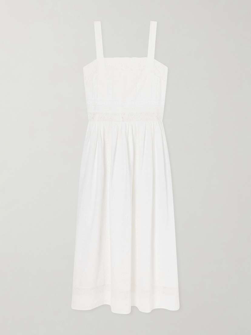 Loretta Caponi Antigua Lace-trimmed Embroidered Cotton Midi Dress