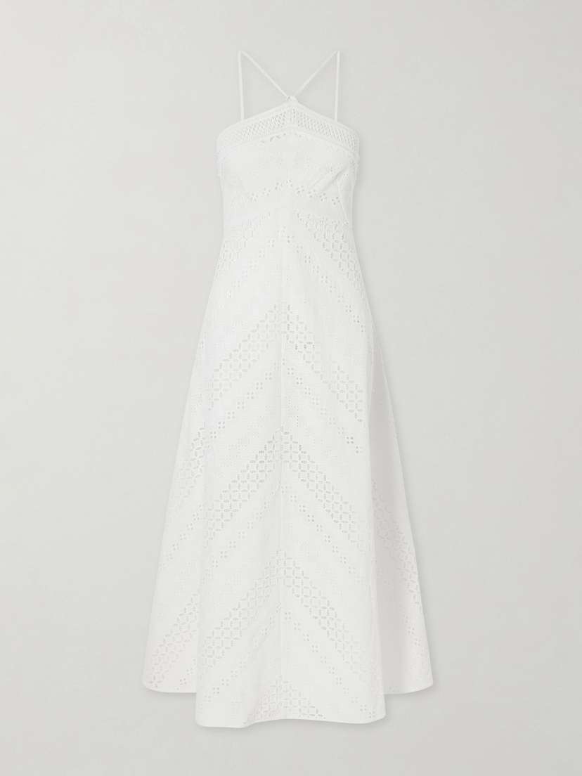 Loretta Caponi Castiglione Broderie Anglaise Cotton Halterneck Midi Dress