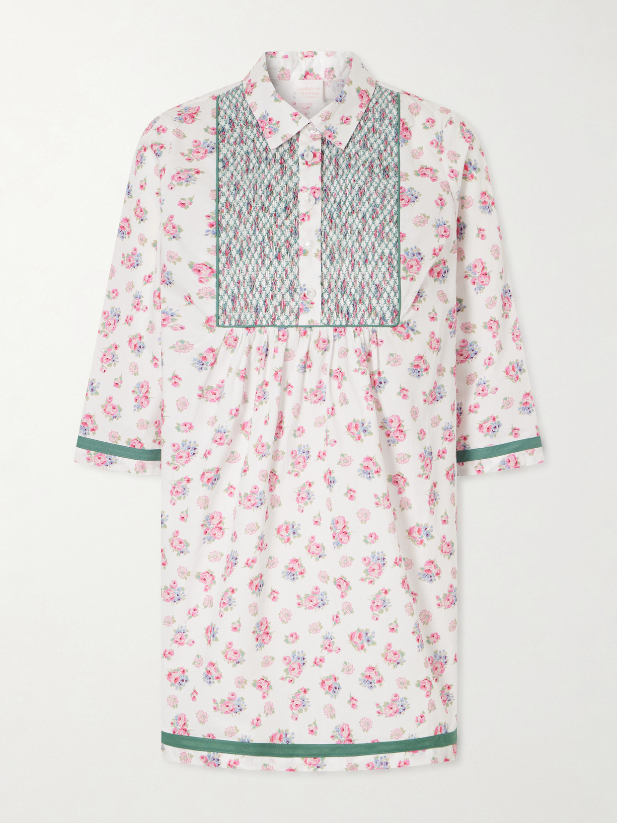 Loretta Caponi Alassio Shirred Embroidered Floral-print Cotton-poplin Mini Dress In Pink