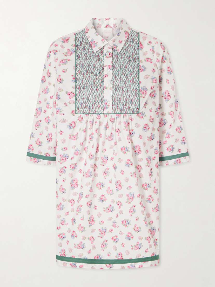 Loretta Caponi Alassio Shirred Embroidered Floral-print Cotton-poplin Mini Dress