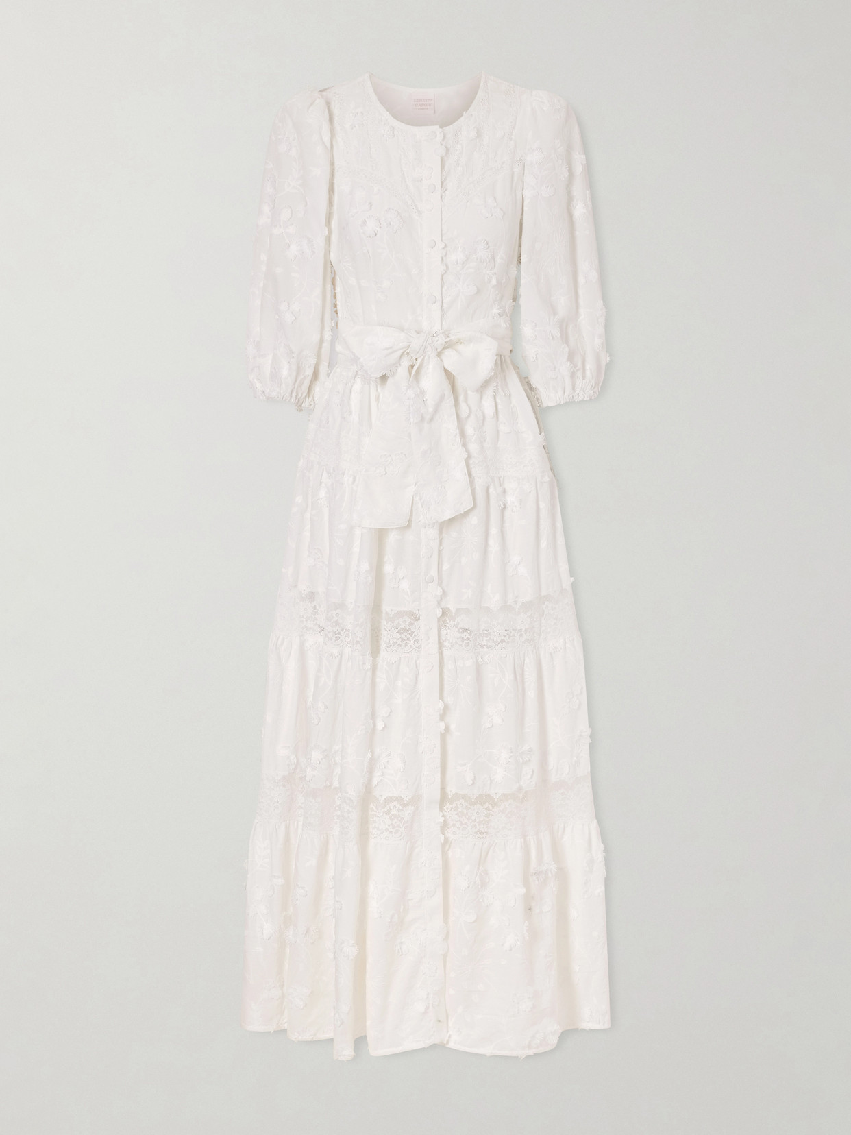 Loretta Caponi Poppi Belted Tiered Lace-trimmed Broderie Anglaise Cotton Maxi Dress In White