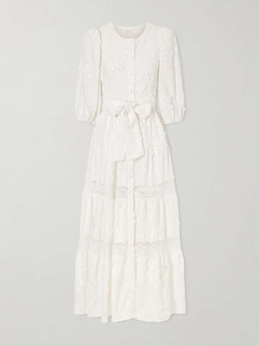 Loretta Caponi Poppi Belted Tiered Lace-trimmed Broderie Anglaise Cotton Maxi Dress