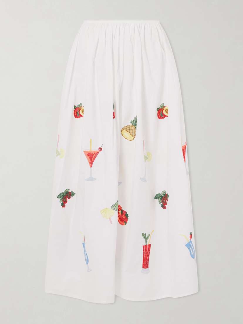 Loretta Caponi Talamone Pleated Embroidered Cotton-poplin Maxi Skirt