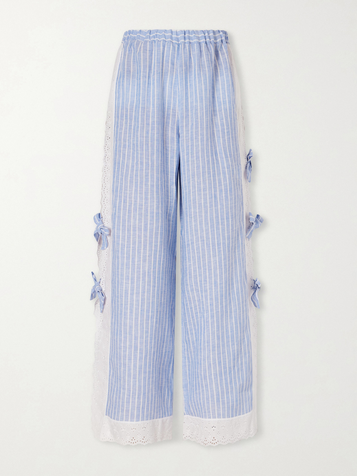 Loretta Caponi Clarissa Bow-embellished Striped Broderie Anglaise-trimmed Linen Straight-leg Pants In Blue