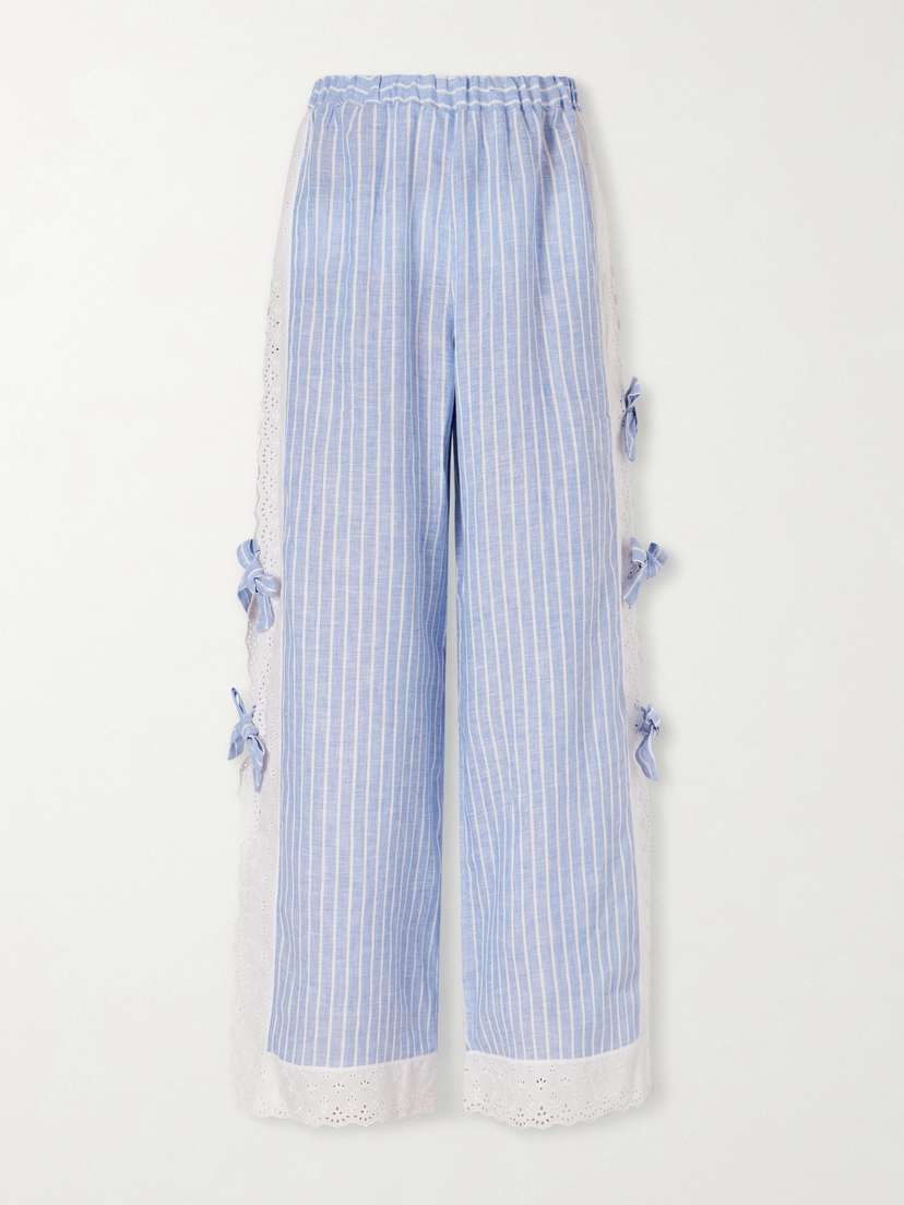 Loretta Caponi Clarissa Bow-embellished Striped Broderie Anglaise-trimmed Linen Straight-leg Pants