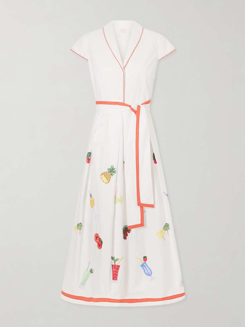 Loretta Caponi Giardino Belted Embroidered Cotton-poplin Dress