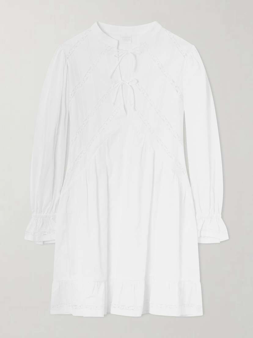 Loretta Caponi Recanati Ruffled Pleated Lace-trimmed Cotton Mini Dress