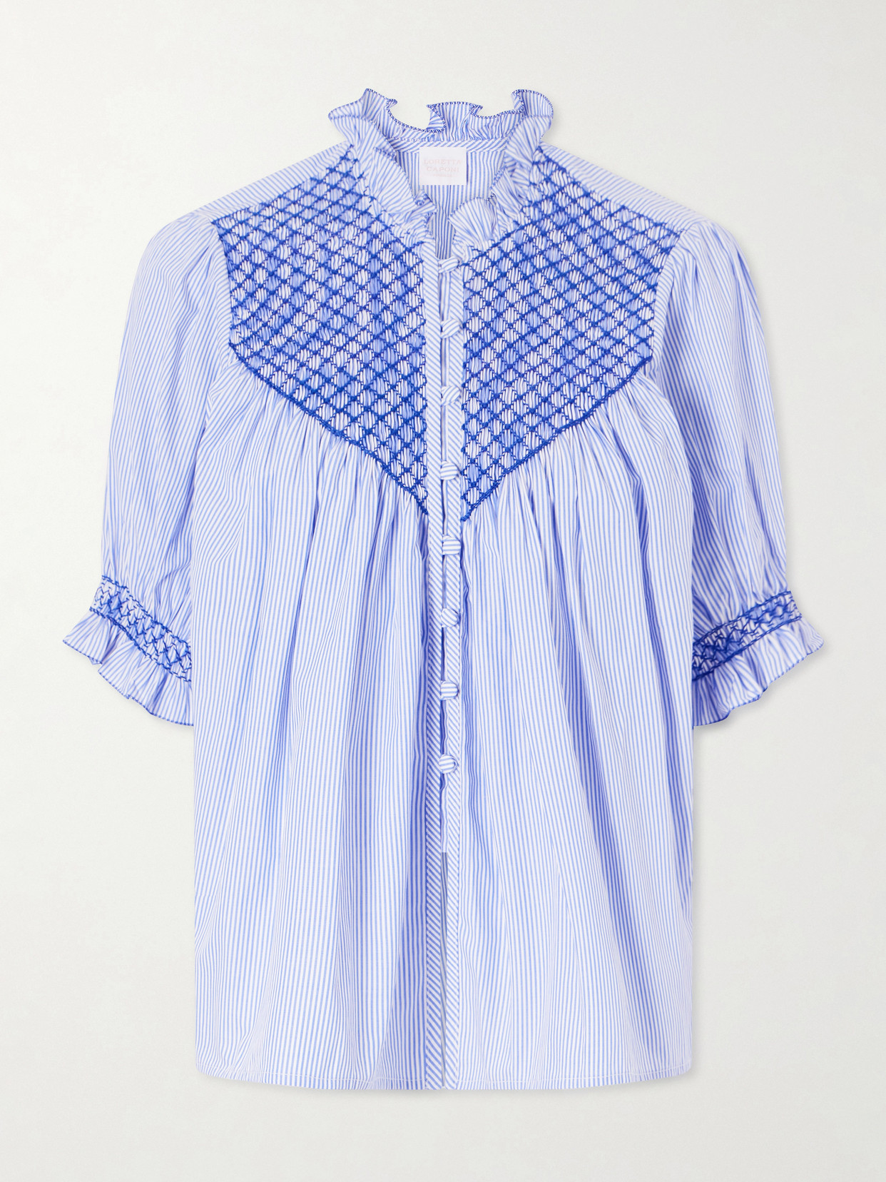 Loretta Caponi Milvia Shirred Striped Cotton-poplin Blouse In Blue