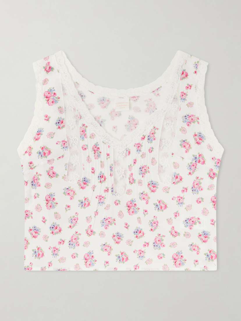 Loretta Caponi Simona Lace-trimmed Floral-print Cotton Top