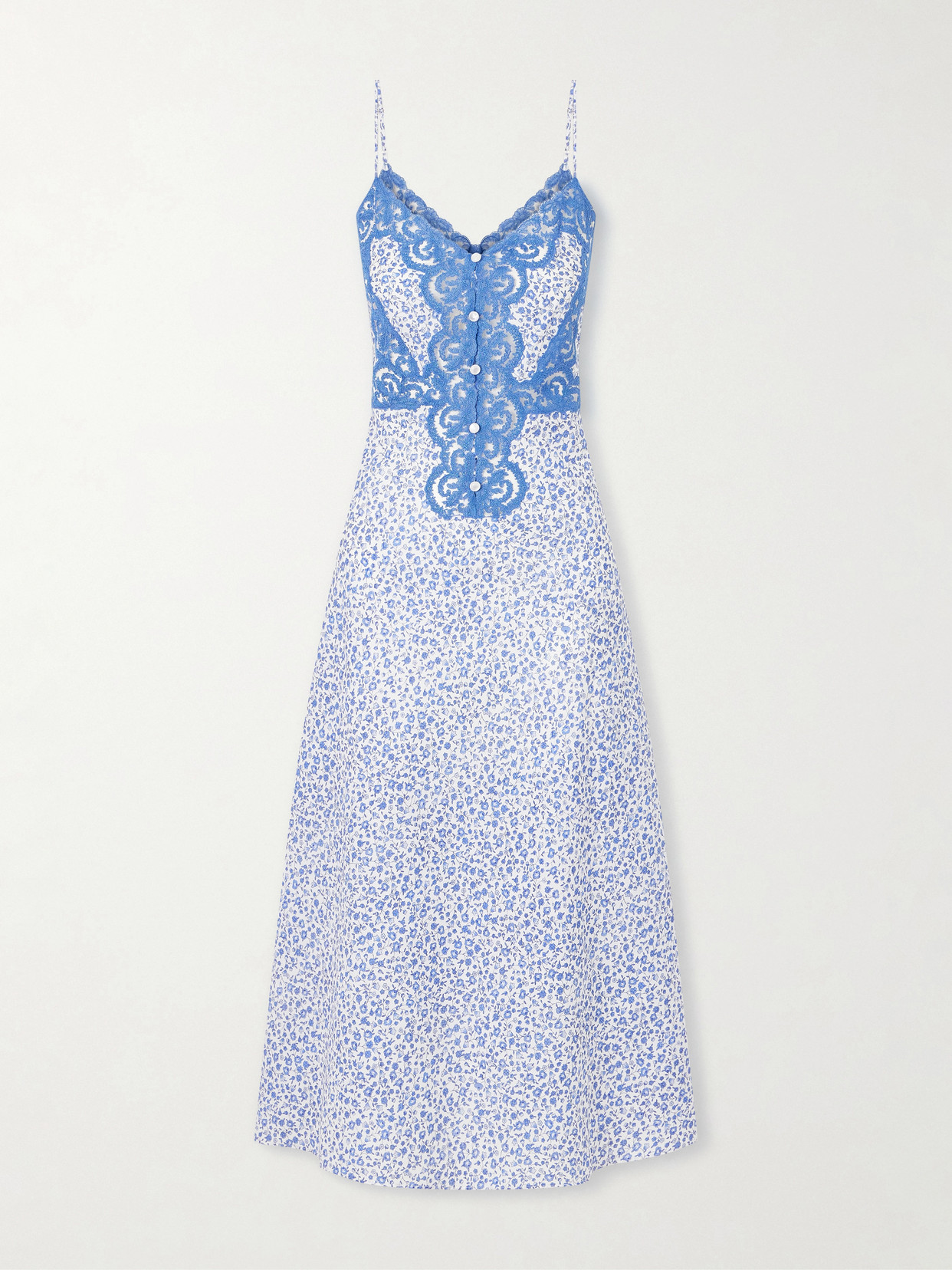 Loretta Caponi Palmira Floral-print Lace-trimmed Cotton Maxi Dress In Blue