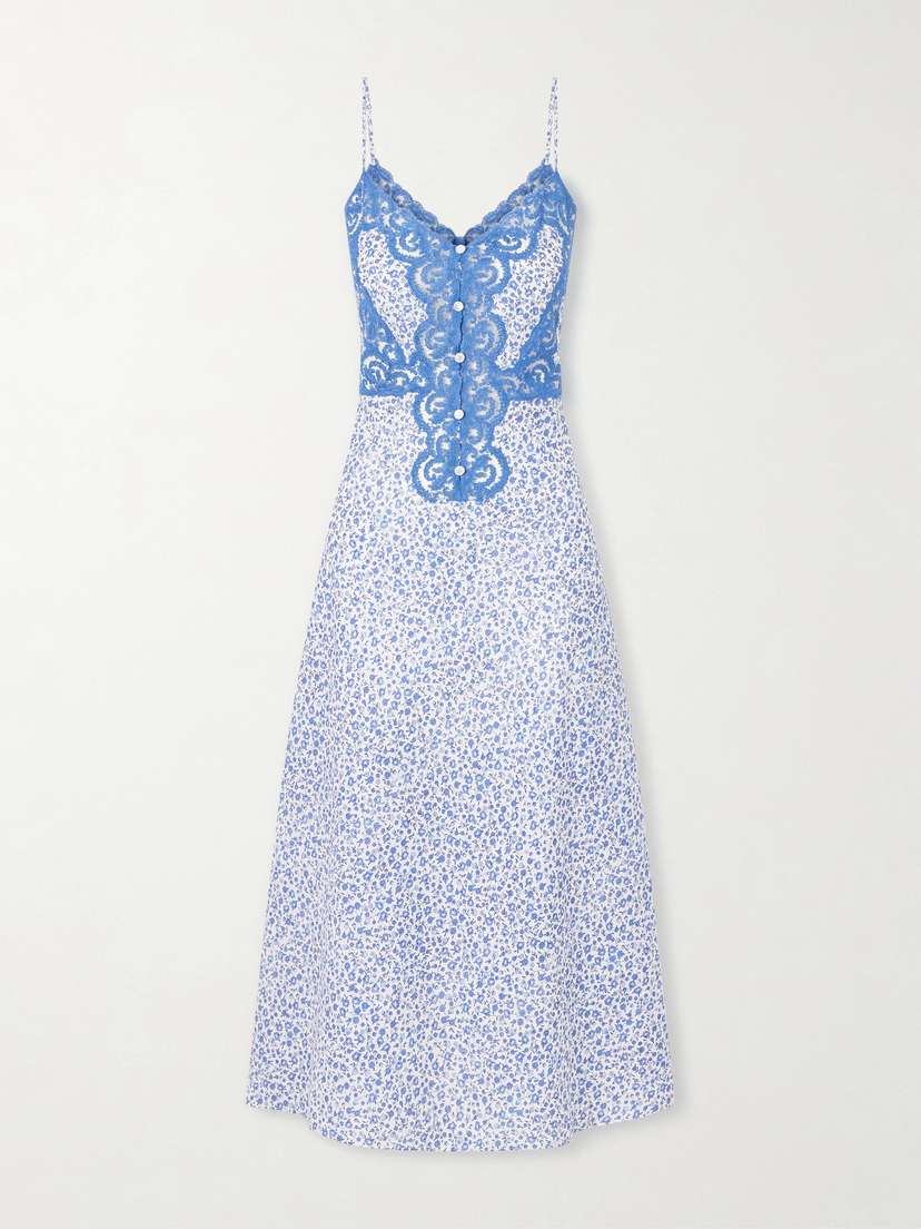 Loretta Caponi Palmira Floral-print Lace-trimmed Cotton Maxi Dress