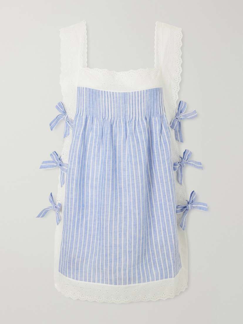 Loretta Caponi Fiocchini Bow-embellished Striped Broderie Anglaise-trimmed Linen Mini Dress