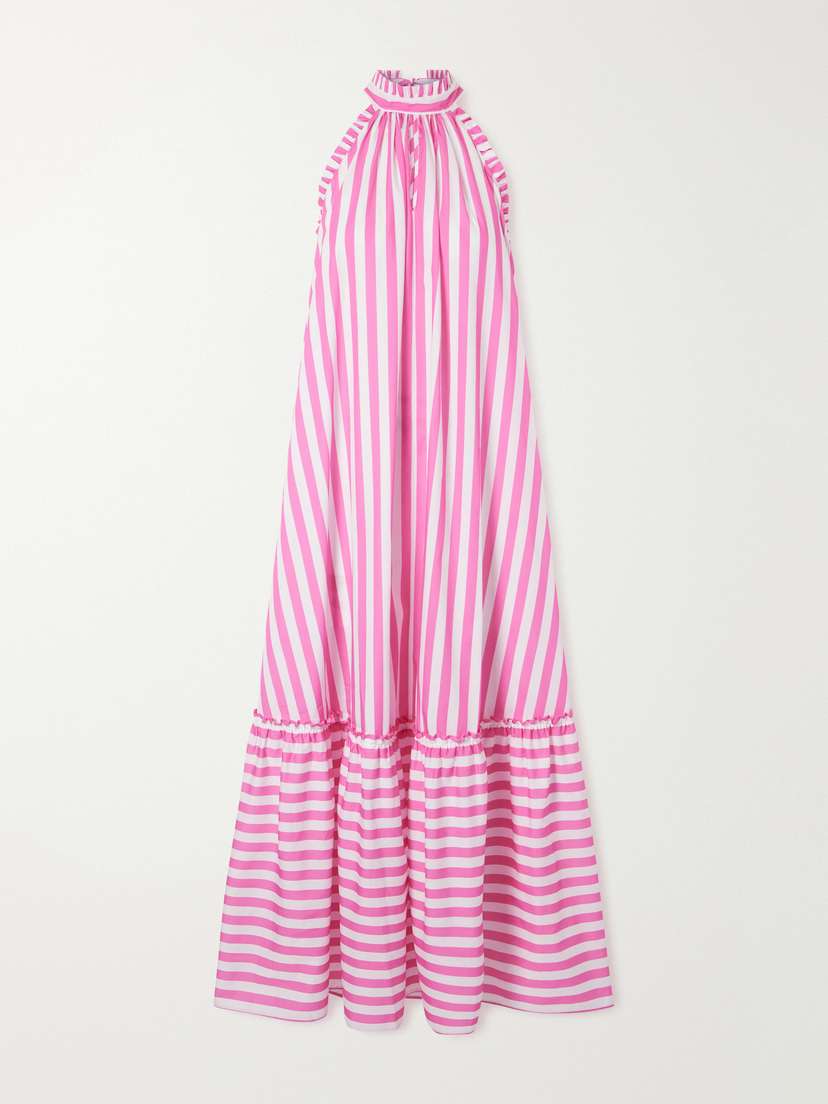Loretta Caponi Melinda Ruched Striped Cotton-poplin Halterneck Maxi Dress