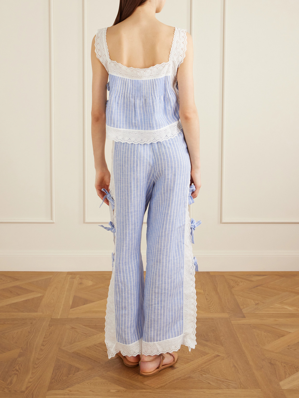 Fiocchini Pleated Striped Broderie Anglaise-Trimmed Top