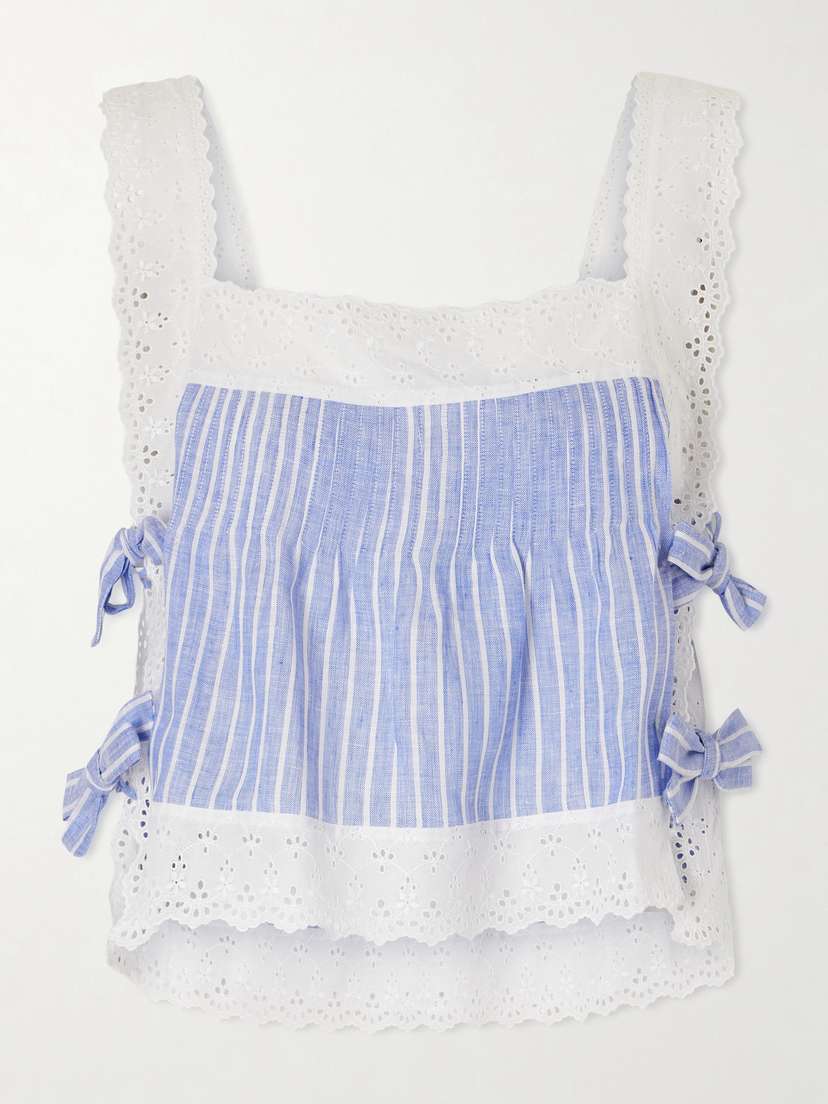 Loretta Caponi Fiocchini Pleated Striped Broderie Anglaise-trimmed Linen Top