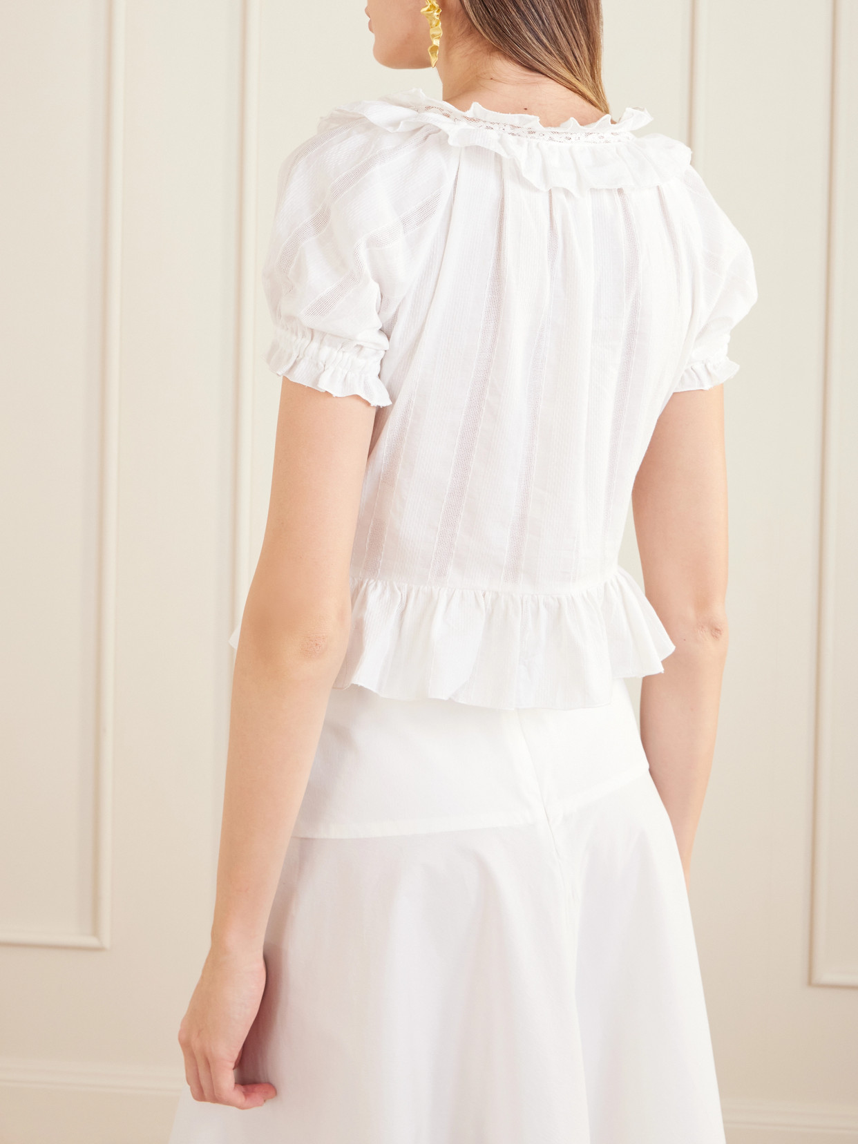 Terracina Ruffled Lace-Trimmed Cotton-Poplin Blouse