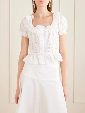 Loretta Caponi Terracina ruffled lace-trimmed cotton-poplin blouse