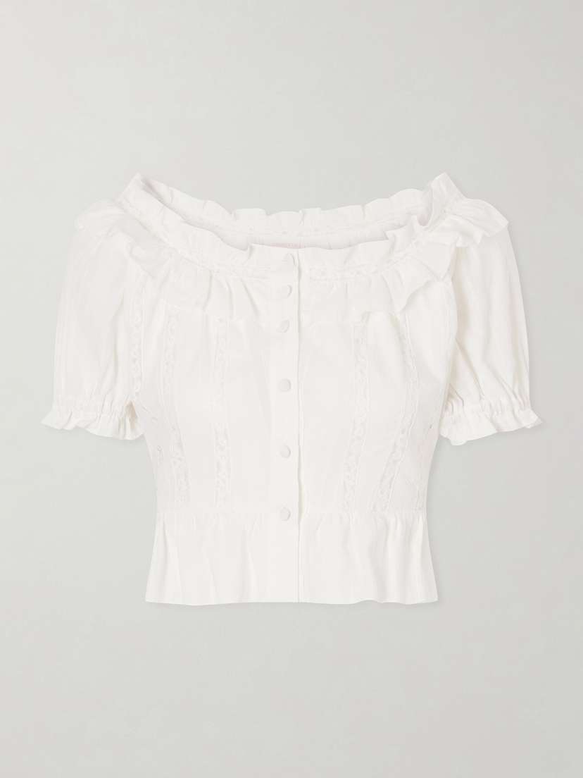 Loretta Caponi Terracina Ruffled Lace-trimmed Cotton-poplin Blouse