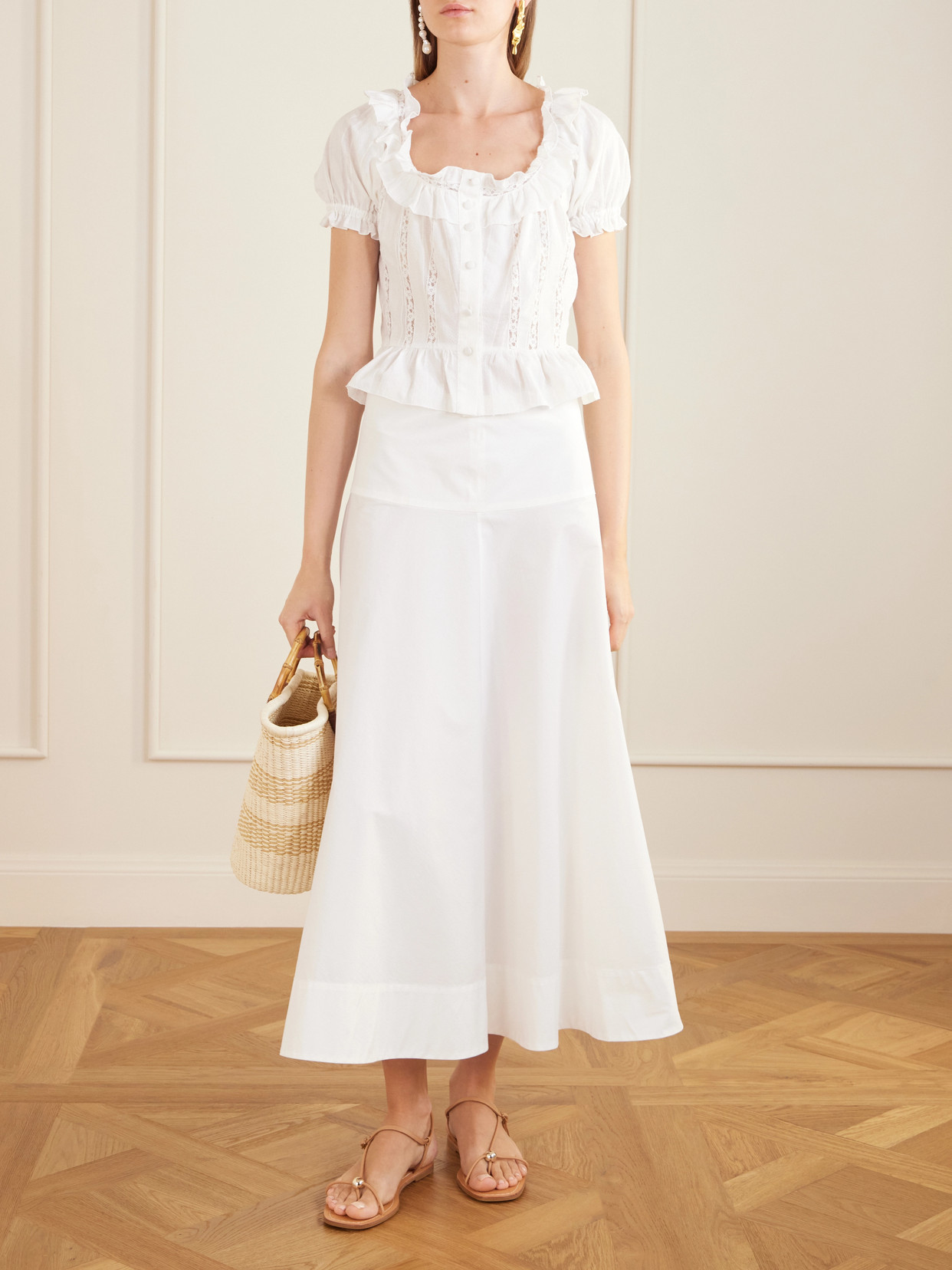 Terracina Ruffled Lace-Trimmed Cotton-Poplin Blouse