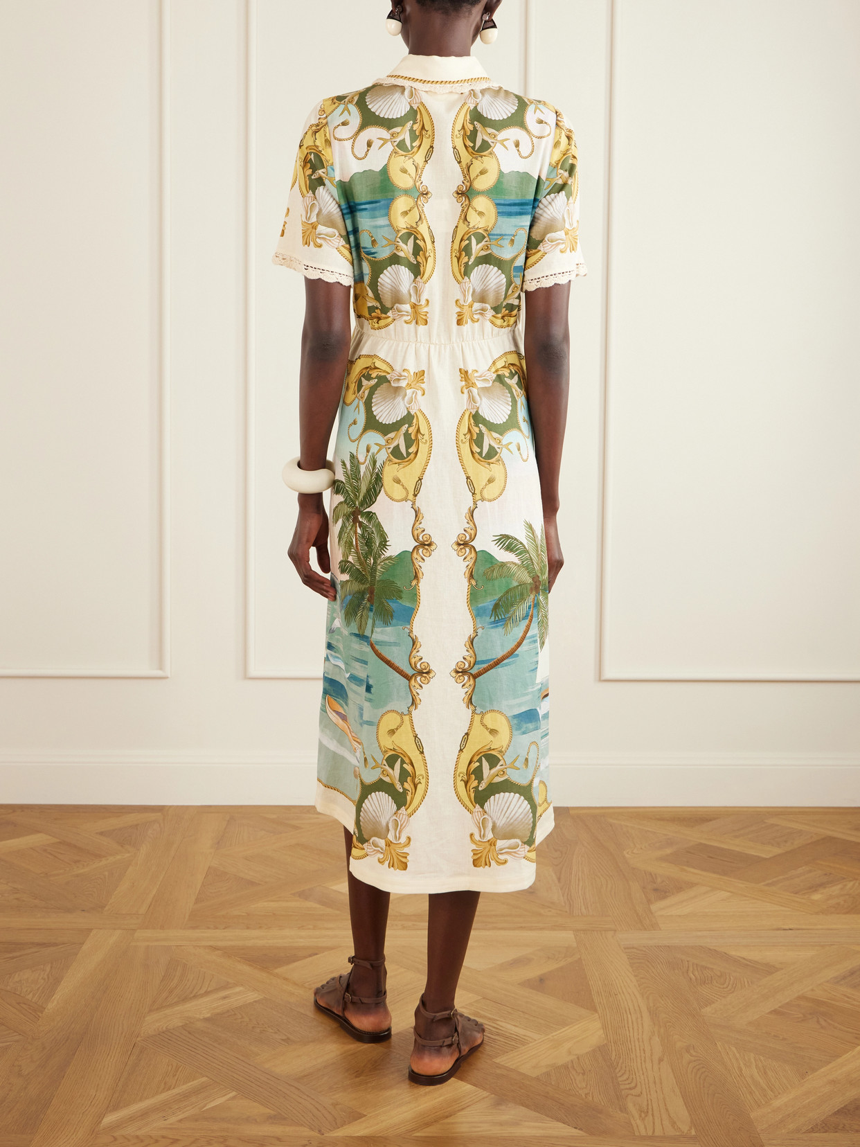 Royal Sea Tie-Detailed Lace-Trimmed Printed Linen-Blend Midi Dress