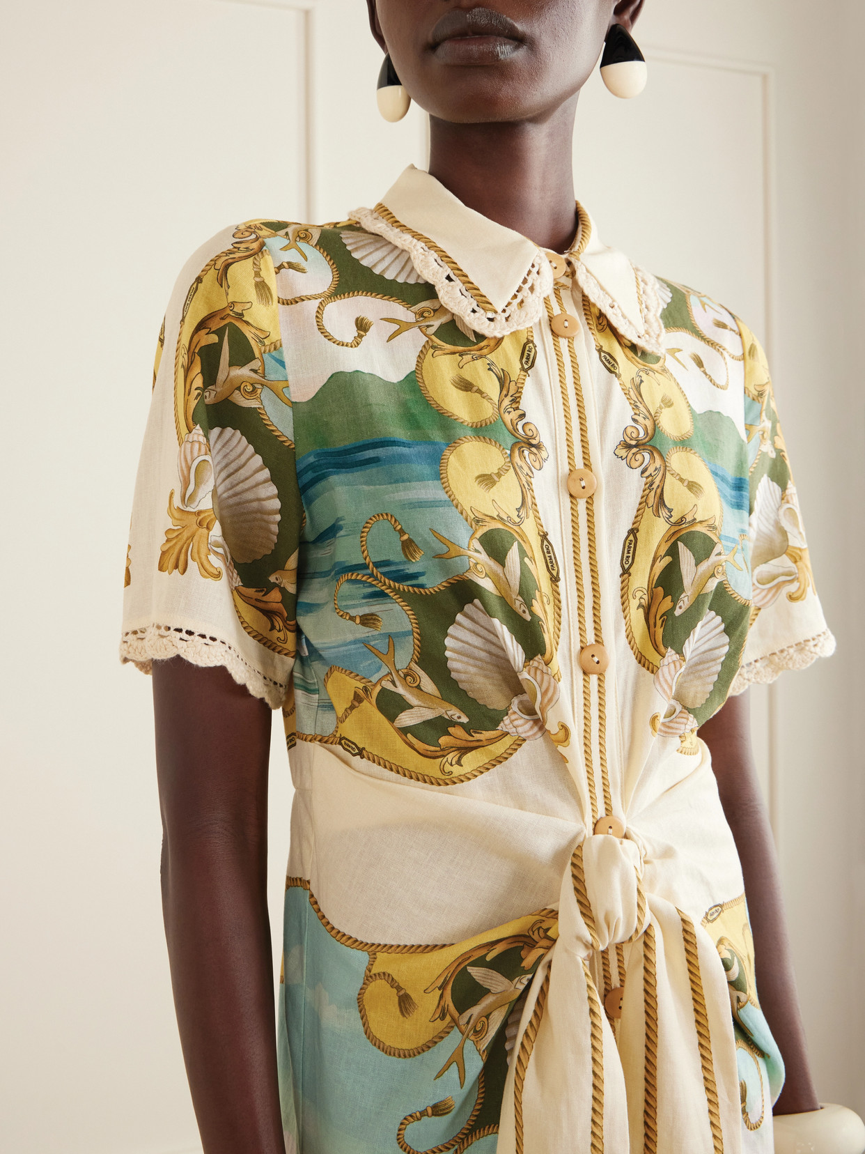 Royal Sea Tie-Detailed Lace-Trimmed Printed Linen-Blend Midi Dress