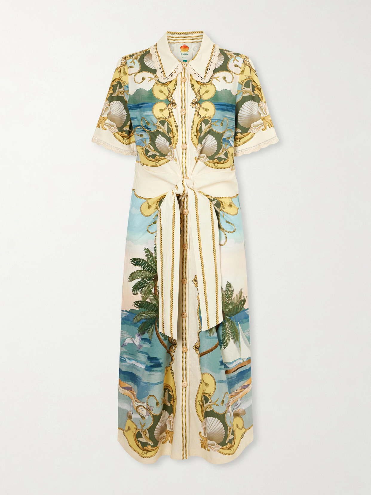 Royal Sea Tie-Detailed Lace-Trimmed Printed Linen-Blend Midi Dress